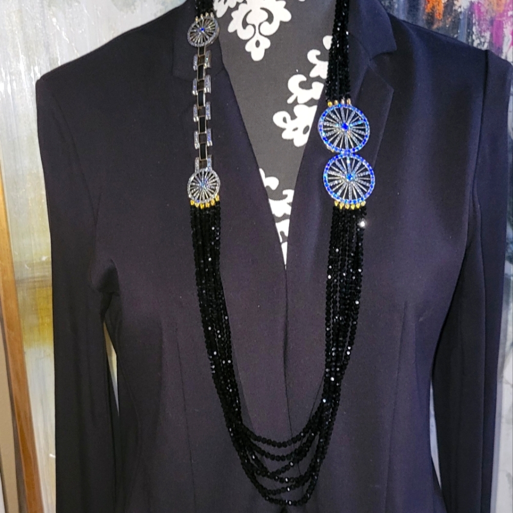 Heidi Daus Long Sapphire and Black Diamond Swarovski Crystal Statement Necklace